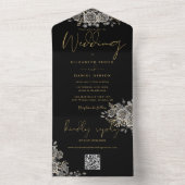 Gotische zwarte en gouden rozen QR-code bruiloft All In One Uitnodiging (Binnen)