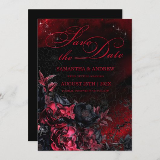Gotische zwarte en rode bruiloft Save the Date Kaart (Voorkant / Achterkant)