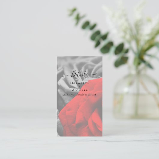 Gotische zwarte en rode rozen gotische trouwdetail visitekaartje (Staand voorkant)