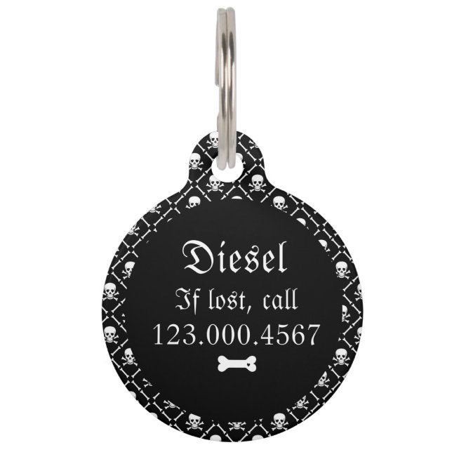 Gotische Zwarte en Witte Schedel Huisdierpenning (Achterkant)