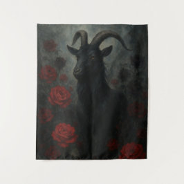 Gotische Zwarte Geit met Rode Rozen Donkere Kunst Wandkleed
