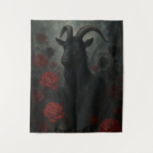 Gotische Zwarte Geit met Rode Rozen Donkere Kunst Wandkleed