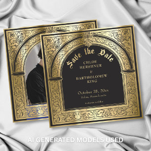Gotische Zwarte Gouden Middeleeuwse Huwelijksfoto Save The Date
