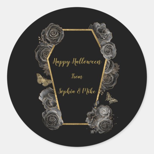 Gotische Zwarte & Gouden Rozen Kist Halloween Ronde Sticker (Voorkant)