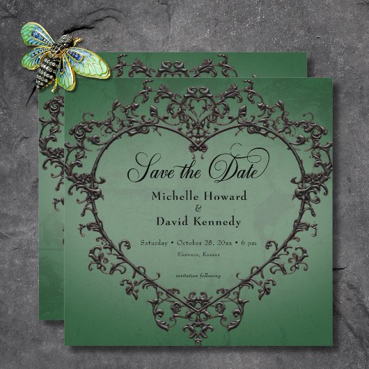 Gotische zwarte & groene filigraa hart trouwkaart save the date