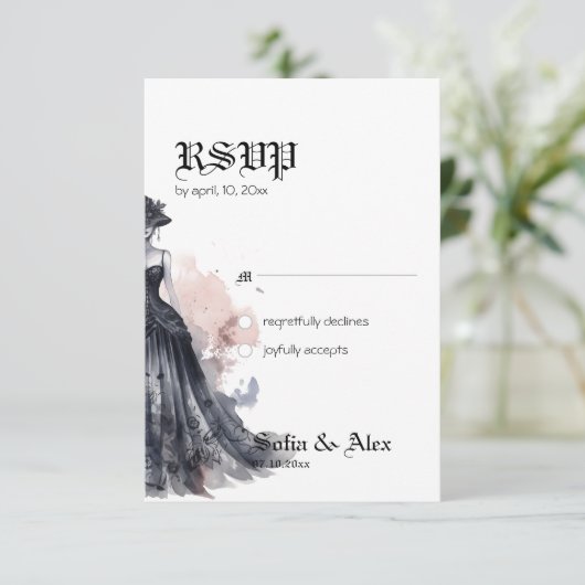 Gotische zwarte jurk bruiloft Response Kaart (Staand voorkant)