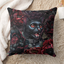 Gotische Zwarte Kat & Donkere Bloemen Kussen
