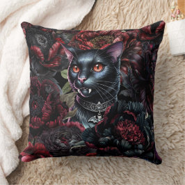 Gotische Zwarte Kat & Donkere Bloemen Kussen