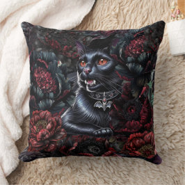 Gotische Zwarte Kat & Donkere Bloemen Kussen