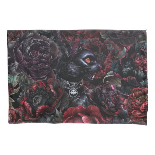 Gotische Zwarte Kat & Donkere Bloemen Kussensloop (Voorkant)
