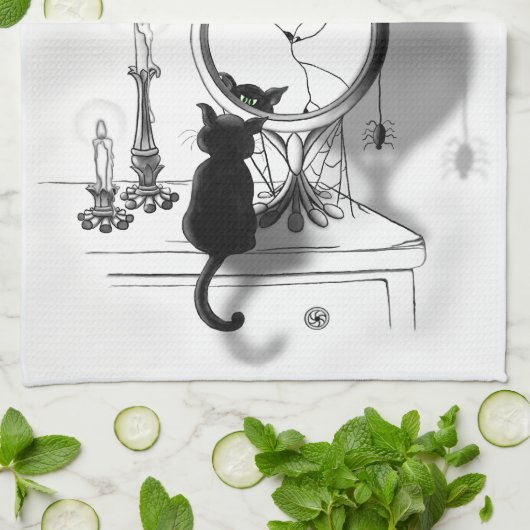 Gotische zwarte kat gebroken spiegel Halloween Theedoek (Gevouwen)