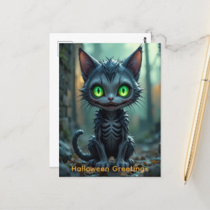 Gotische zwarte kat Halloween betoverde bos vibes Briefkaart