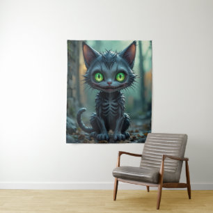 Gotische zwarte kat Halloween betoverde bos vibes Wandkleed