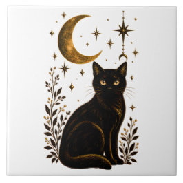 Gotische Zwarte Kat Hemelse Maan Botanisch Tegeltje