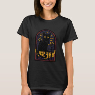 Gotische Zwarte Kat met Gloeiende Ogen Gebrandschi T-shirt