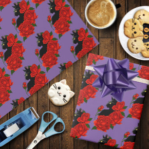 Gotische Zwarte Kat Rode Rozen Paars Cadeaupapier