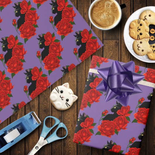 Gotische Zwarte Kat Rode Rozen Paars Cadeaupapier