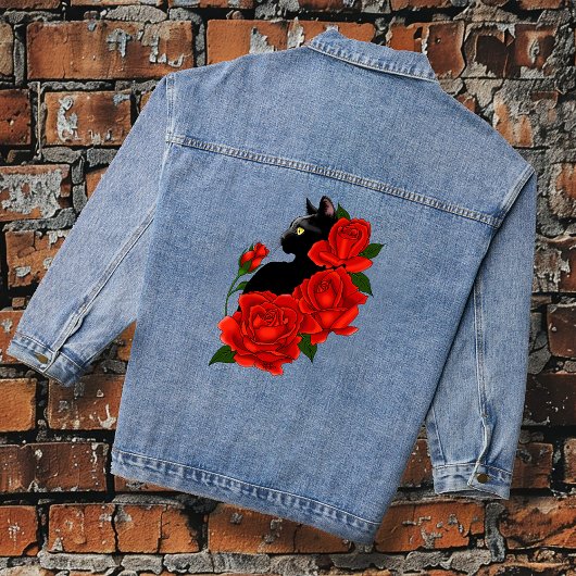 Gotische Zwarte Kat Rode Rozen Paars Denim Jacket