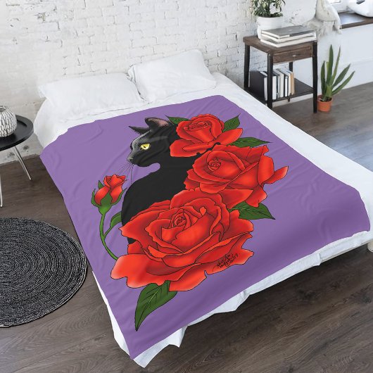 Gotische Zwarte Kat Rode Rozen Paars Fleece Deken