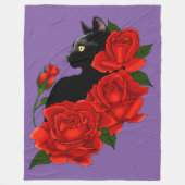 Gotische Zwarte Kat Rode Rozen Paars Fleece Deken (Voorkant)