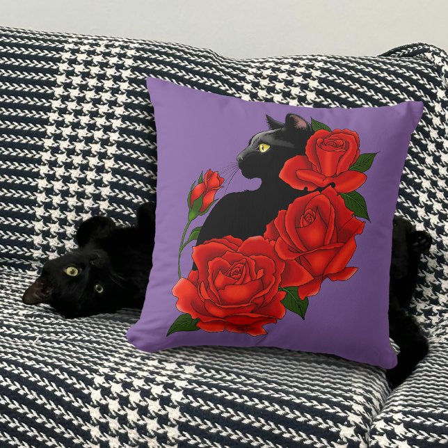 Gotische Zwarte Kat Rode Rozen Paars Kussen (Creator heeft geüpload)