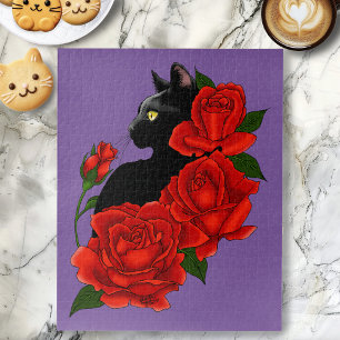 Gotische Zwarte Kat Rode Rozen Paars Legpuzzel