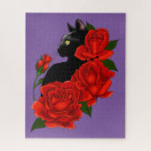 Gotische Zwarte Kat Rode Rozen Paars Legpuzzel (Verticaal)