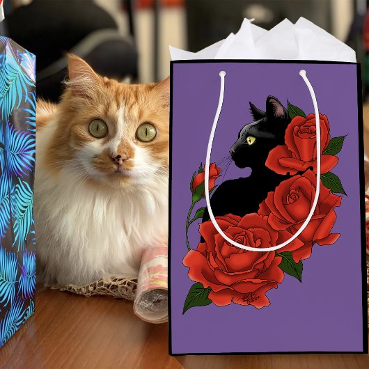 Gotische Zwarte Kat Rode Rozen Paars Medium Cadeauzakje