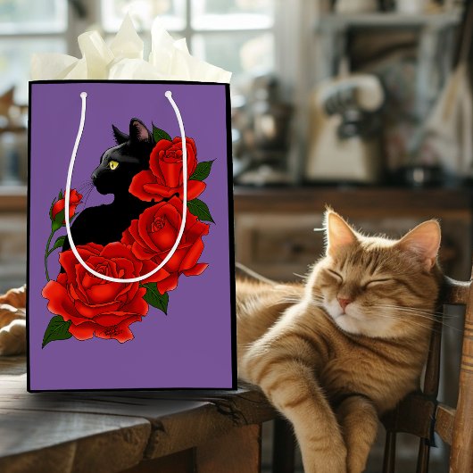 Gotische Zwarte Kat Rode Rozen Paars Medium Cadeauzakje