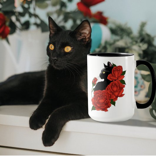 Gotische Zwarte Kat Rode Rozen Paars Mok