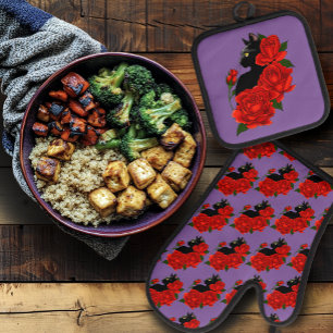 Gotische Zwarte Kat Rode Rozen Paars Ovenwant & Pannenlap Set