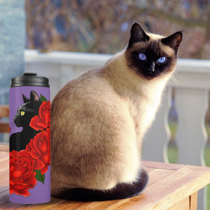 Gotische Zwarte Kat Rode Rozen Paars Thermosbeker