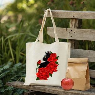 Gotische Zwarte Kat Rode Rozen Paars Tote Bag