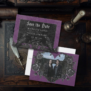Gotische Zwarte Raaf & Rozen Paarse Foto Bruiloft Save The Date