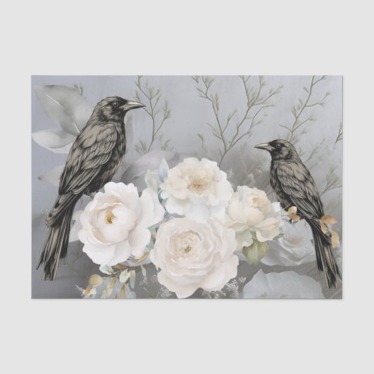 Gotische Zwarte Raven & Witte Bloemen Tissuepapier (Voorkant)
