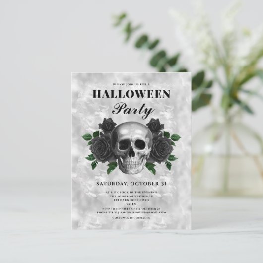Gotische zwarte Rozen en schedel Halloween Party Briefkaart (Staand voorkant)