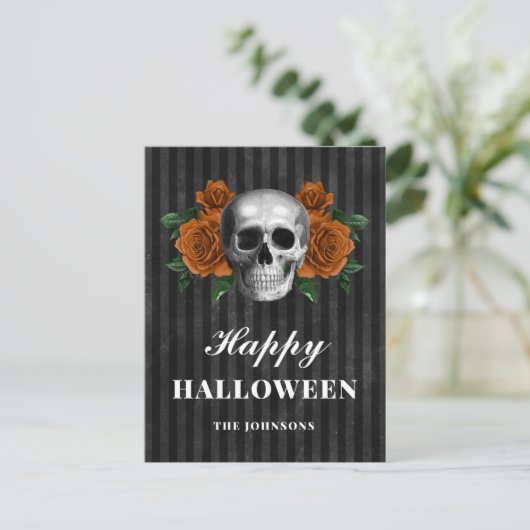 Gotische zwarte Rozen en schedel Happy Halloween Briefkaart (Staand voorkant)