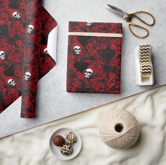 Gotische Zwarte Rozen en Schedels Cadeaupapier (Crafts)