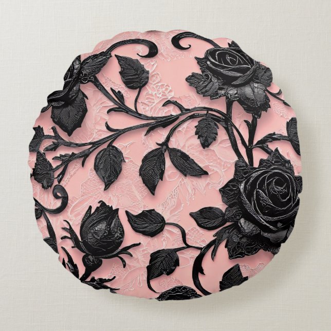 Gotische zwarte Rozen op de wijnstok Rond Kussen (Voorkant)
