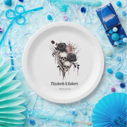 Gotische zwarte Rozen schedels bruiloft Papieren Bordje (Feest)