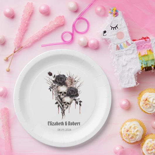 Gotische zwarte Rozen schedels bruiloft Papieren Bordje (Feest)