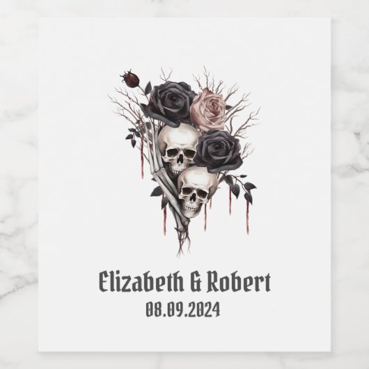 Gotische zwarte Rozen schedels bruiloft Wijn Etiket (Enkel label)