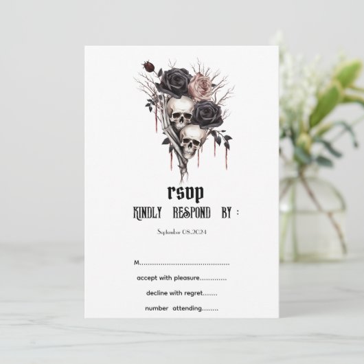 Gotische zwarte Rozen schedels RSVP Kaart (Staand voorkant)