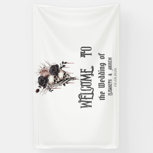 Gotische zwarte Rozen schedels Spandoek (Verticaal)