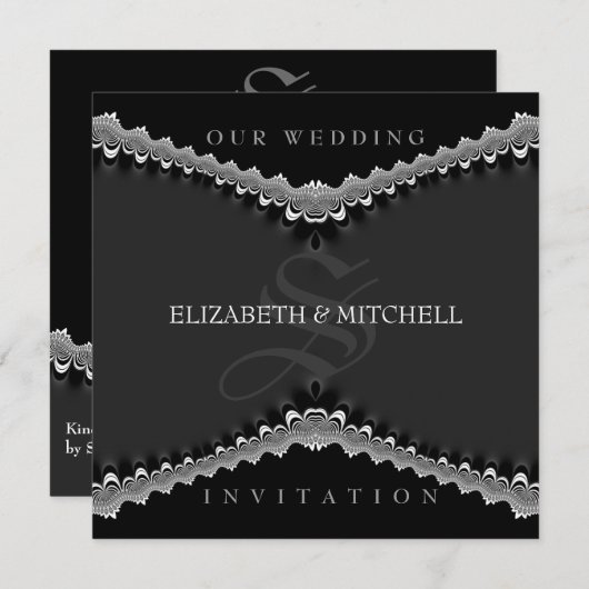 Gotische zwarte satijnen kant bruiloft uitnodiging (Voorkant / Achterkant)