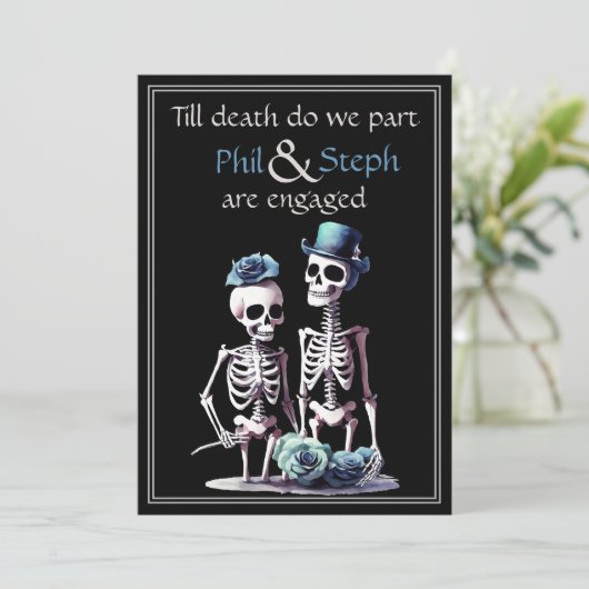 Gotische, zwarte, skelet verlovingsaankondiging kaart (Staand voorkant)