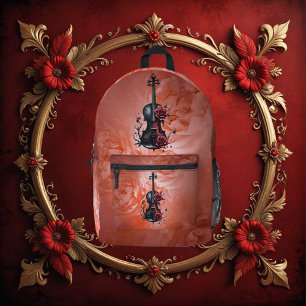 Gotische zwarte viool met rode rozen bedrukte rugzak