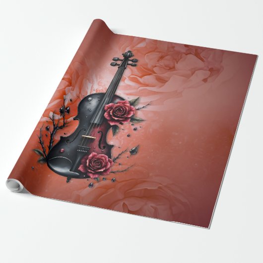 Gotische zwarte viool met rode rozen cadeaupapier (Uitgerold)