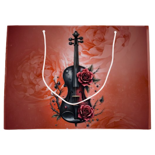 Gotische zwarte viool met rode rozen groot cadeauzakje (Voorkant)