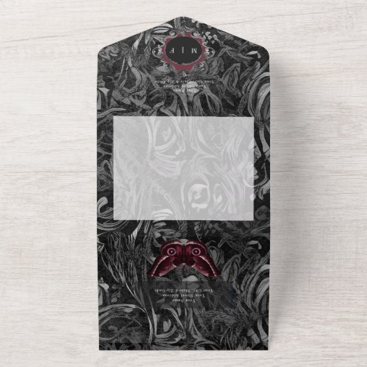 Gotische zwarte wijn filigraan mot geen diner brui all in one uitnodiging (Buitenkant)